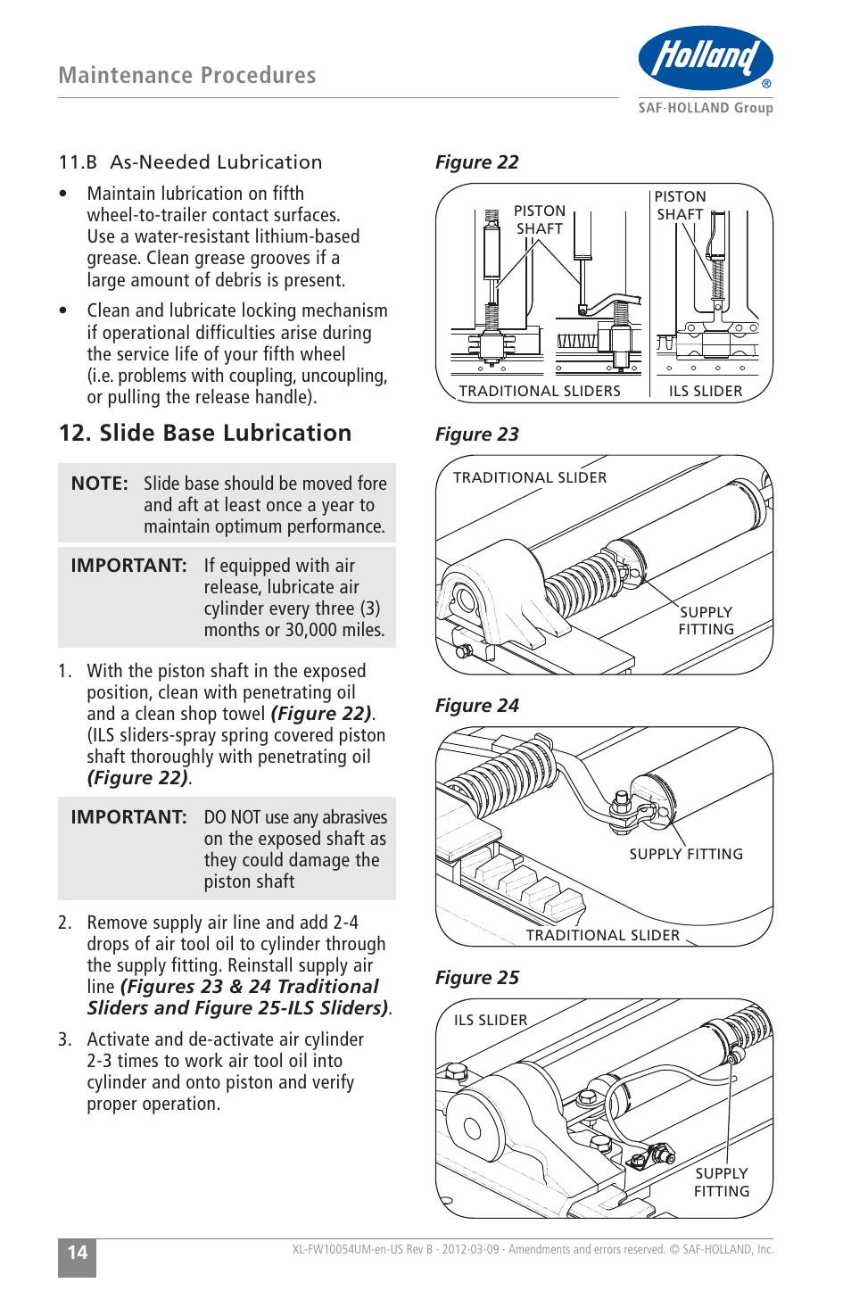 Maintenance procedures, Slide base lubrication | SAF-HOLLAND XL-FW10054UM FWS1 and FWS2 Series Fifth Wheels User Manual | Page 14 / 24
