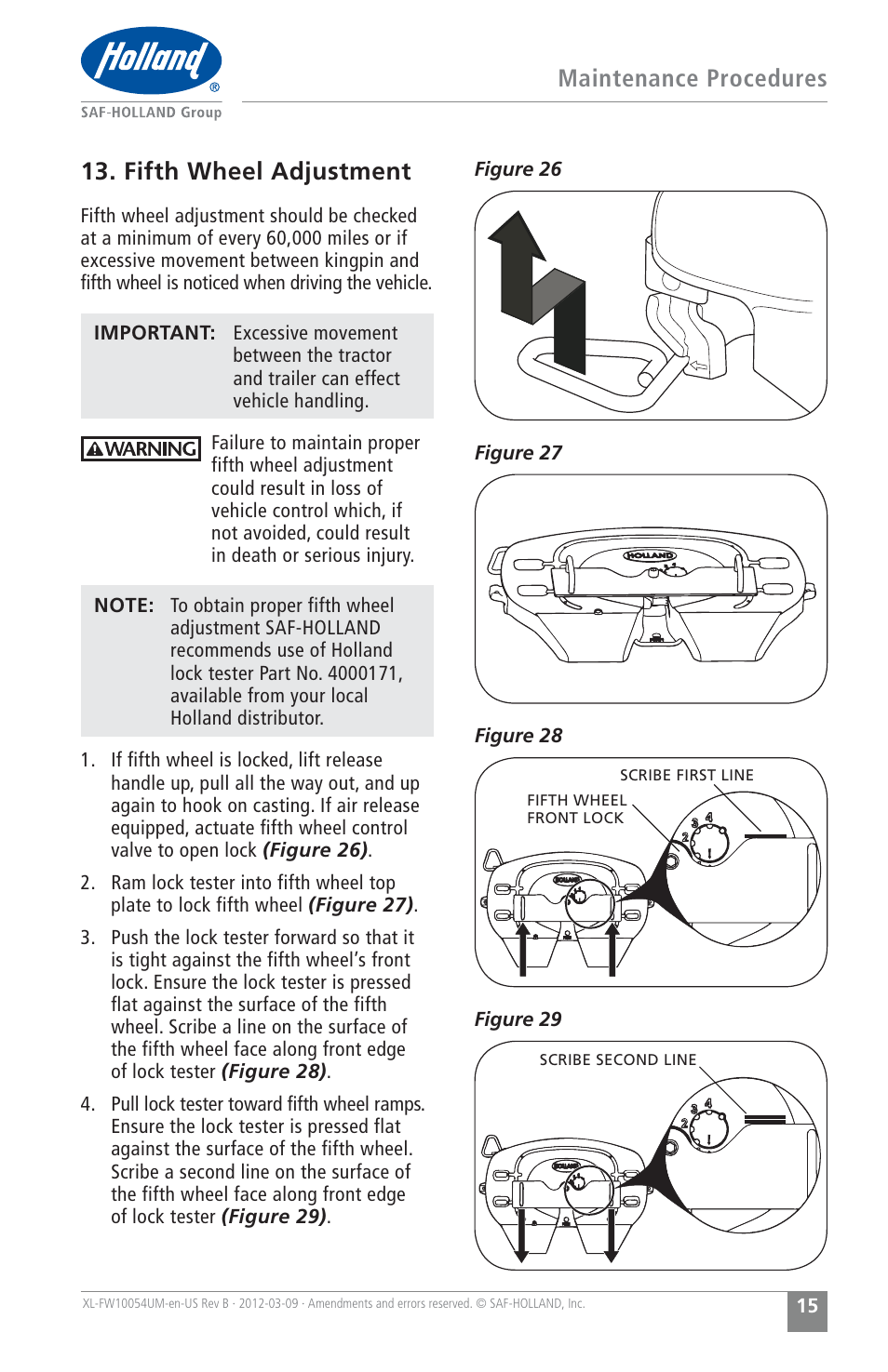 Maintenance procedures, Fifth wheel adjustment | SAF-HOLLAND XL-FW10054UM FWS1 and FWS2 Series Fifth Wheels User Manual | Page 15 / 24