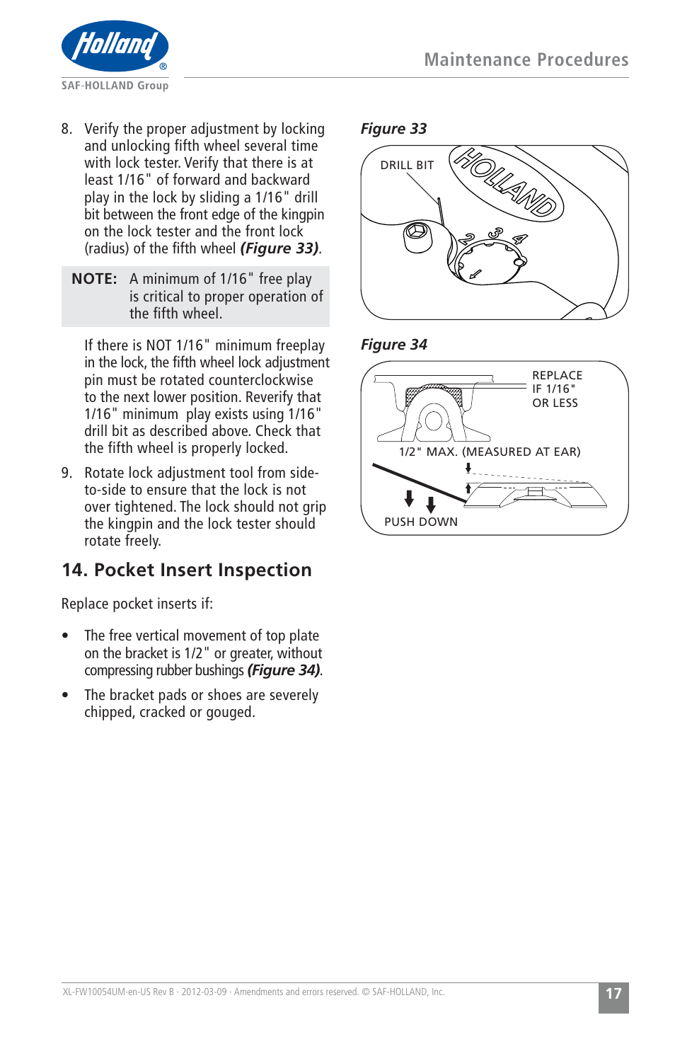 Maintenance procedures, Pocket insert inspection | SAF-HOLLAND XL-FW10054UM FWS1 and FWS2 Series Fifth Wheels User Manual | Page 17 / 24