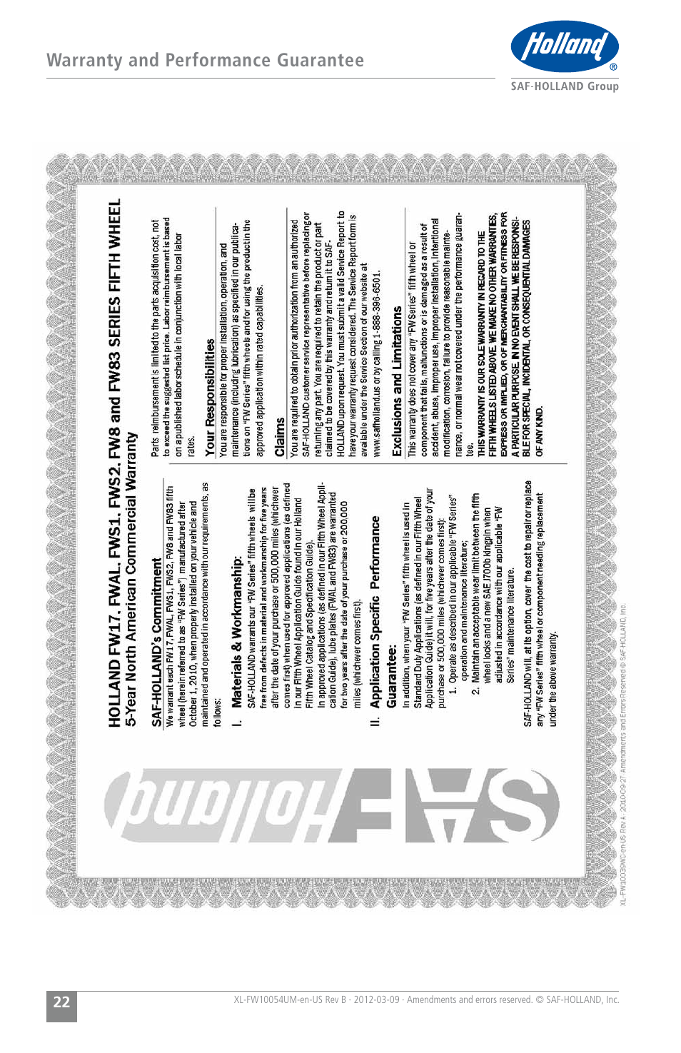 Warranty and performance guarantee | SAF-HOLLAND XL-FW10054UM FWS1 and FWS2 Series Fifth Wheels User Manual | Page 22 / 24