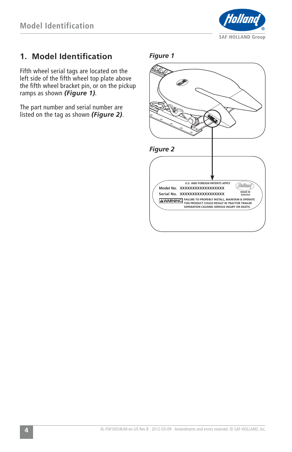 Model identification, Model identiﬁcation, Figure 2 figure 1 | SAF-HOLLAND XL-FW10054UM FWS1 and FWS2 Series Fifth Wheels User Manual | Page 4 / 24