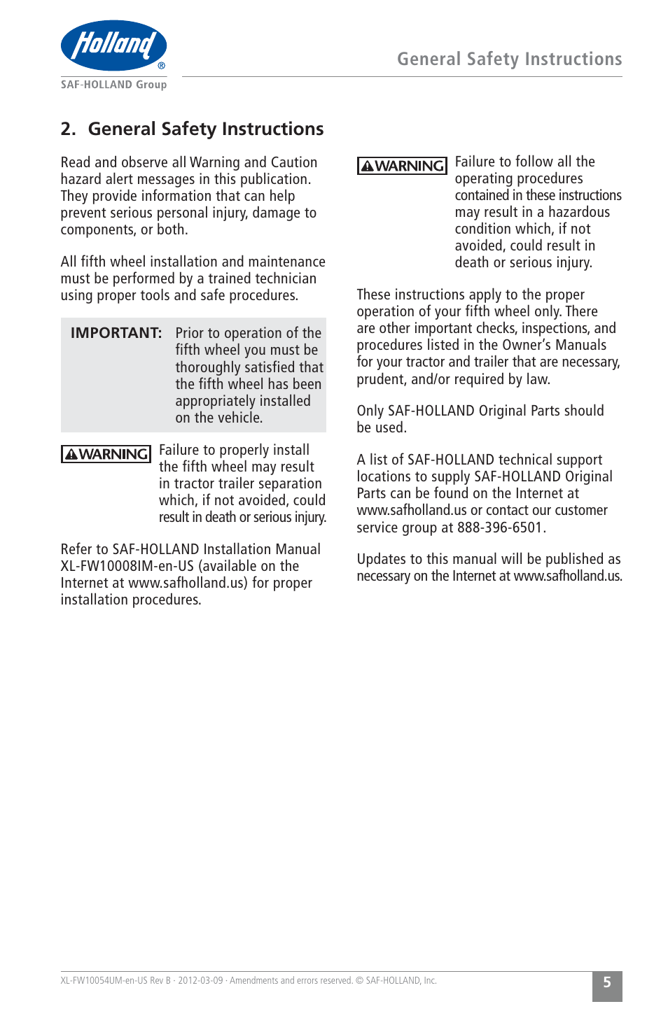 SAF-HOLLAND XL-FW10054UM FWS1 and FWS2 Series Fifth Wheels User Manual | Page 5 / 24