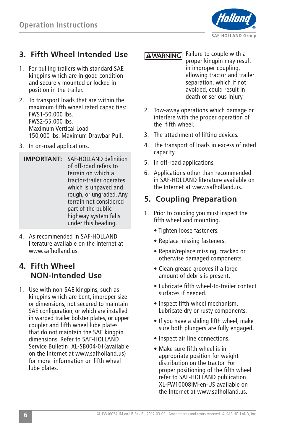 Operation instructions 3. fifth wheel intended use, Fifth wheel non-intended use, Coupling preparation | SAF-HOLLAND XL-FW10054UM FWS1 and FWS2 Series Fifth Wheels User Manual | Page 6 / 24