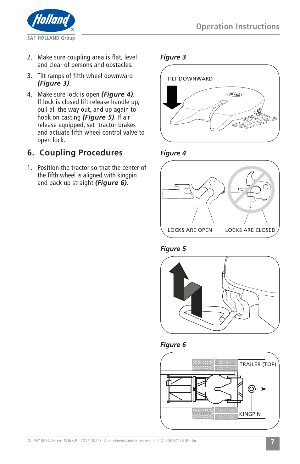Operation instructions, Coupling procedures | SAF-HOLLAND XL-FW10054UM FWS1 and FWS2 Series Fifth Wheels User Manual | Page 7 / 24
