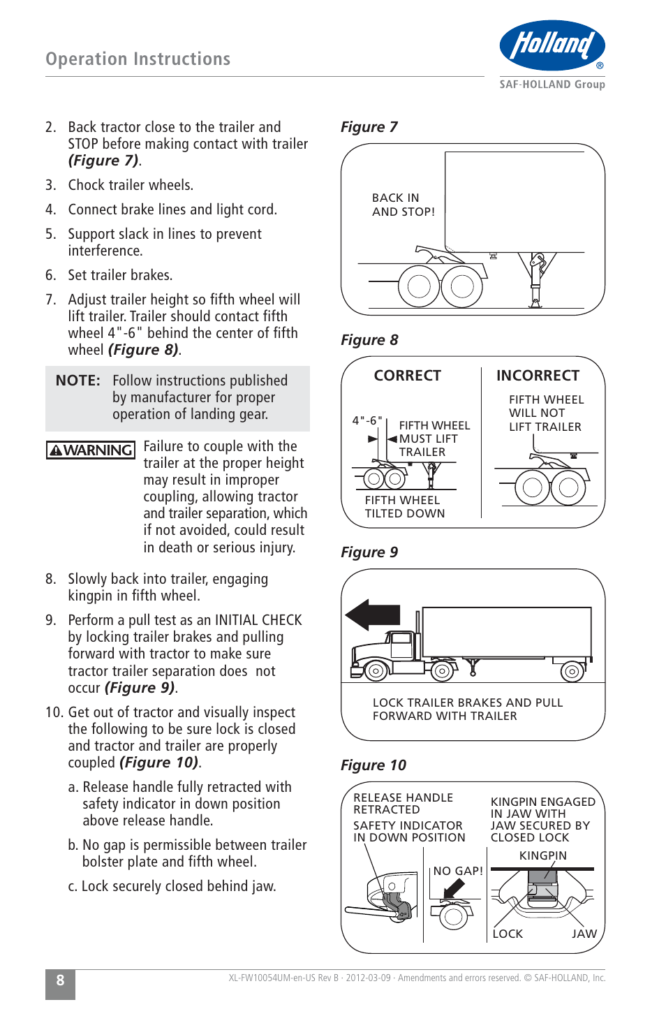 Operation instructions | SAF-HOLLAND XL-FW10054UM FWS1 and FWS2 Series Fifth Wheels User Manual | Page 8 / 24