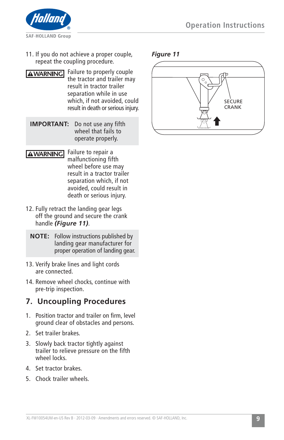 Operation instructions, Uncoupling procedures | SAF-HOLLAND XL-FW10054UM FWS1 and FWS2 Series Fifth Wheels User Manual | Page 9 / 24