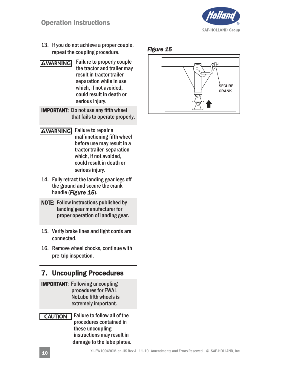 Operation instructions, Uncoupling procedures | SAF-HOLLAND XL-FW10049OM AL Aluminum NoLube Series Fifth Wheels User Manual | Page 10 / 24