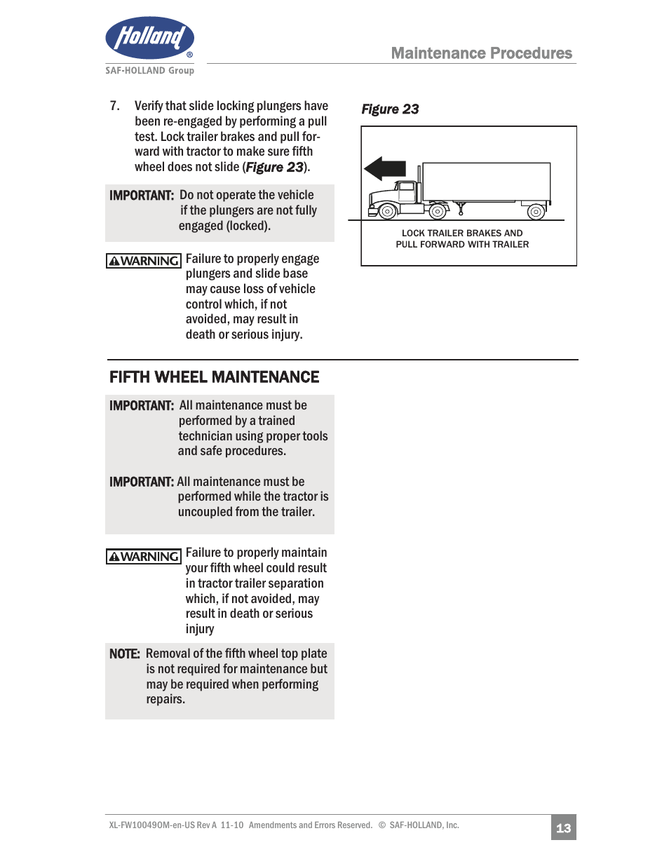 Fifth wheel maintenance, Maintenance procedures | SAF-HOLLAND XL-FW10049OM AL Aluminum NoLube Series Fifth Wheels User Manual | Page 13 / 24