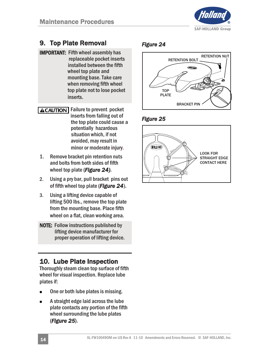 Maintenance procedures 9. top plate removal, Lube plate inspection | SAF-HOLLAND XL-FW10049OM AL Aluminum NoLube Series Fifth Wheels User Manual | Page 14 / 24