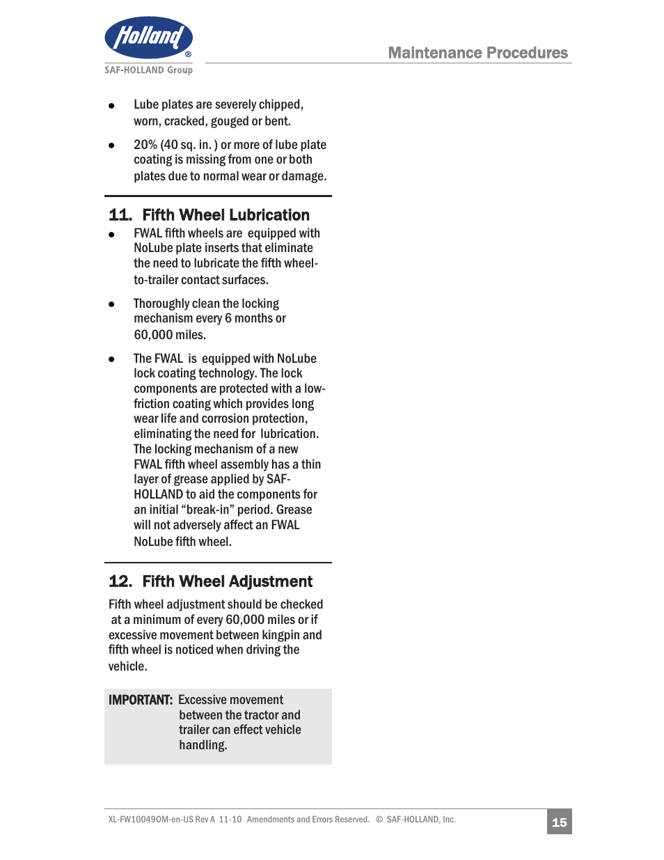 Maintenance procedures, Fifth wheel lubrication, Fifth wheel adjustment | SAF-HOLLAND XL-FW10049OM AL Aluminum NoLube Series Fifth Wheels User Manual | Page 15 / 24