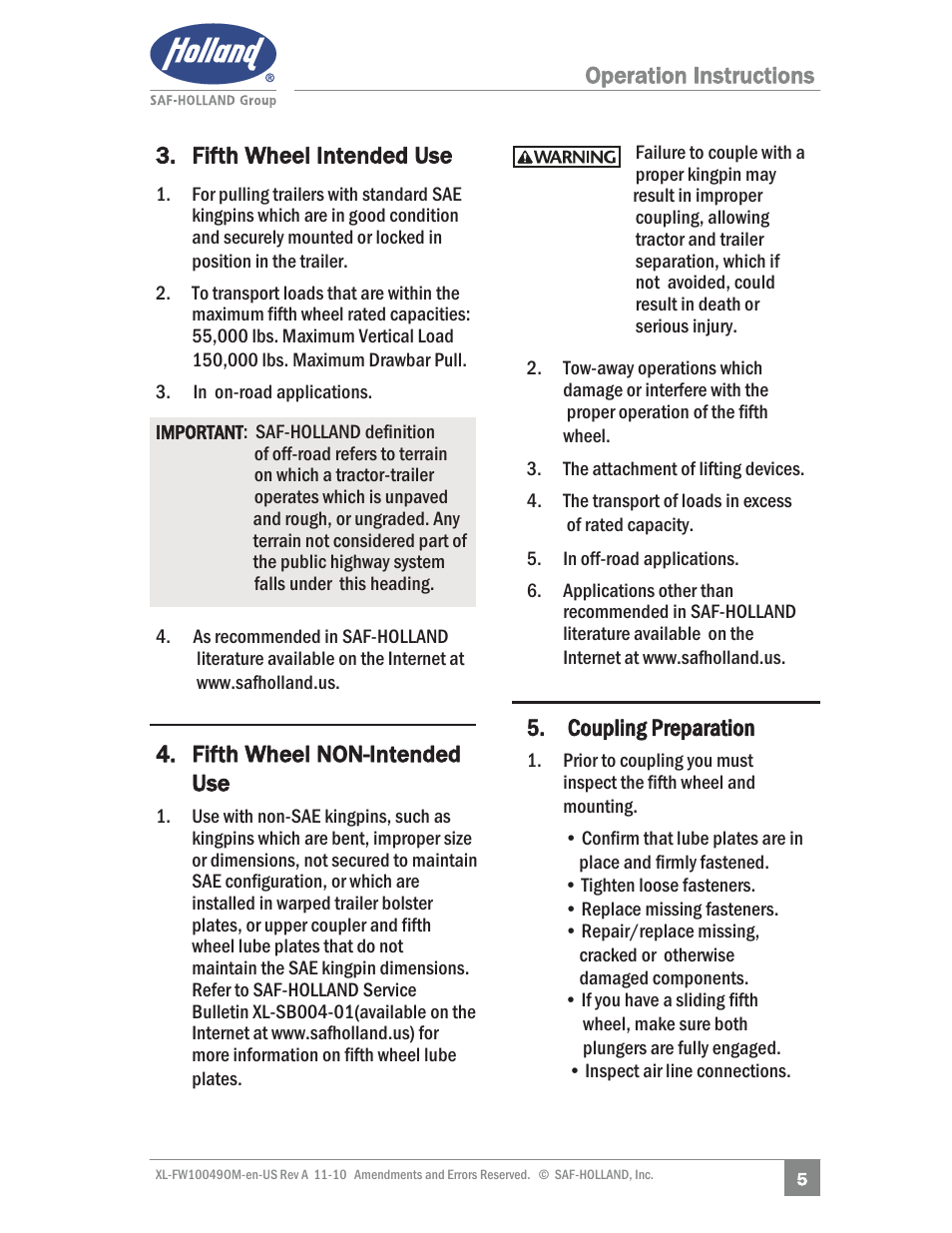 Operation instructions 3. fifth wheel intended use, Fifth wheel non-intended use, Coupling preparation | SAF-HOLLAND XL-FW10049OM AL Aluminum NoLube Series Fifth Wheels User Manual | Page 5 / 24