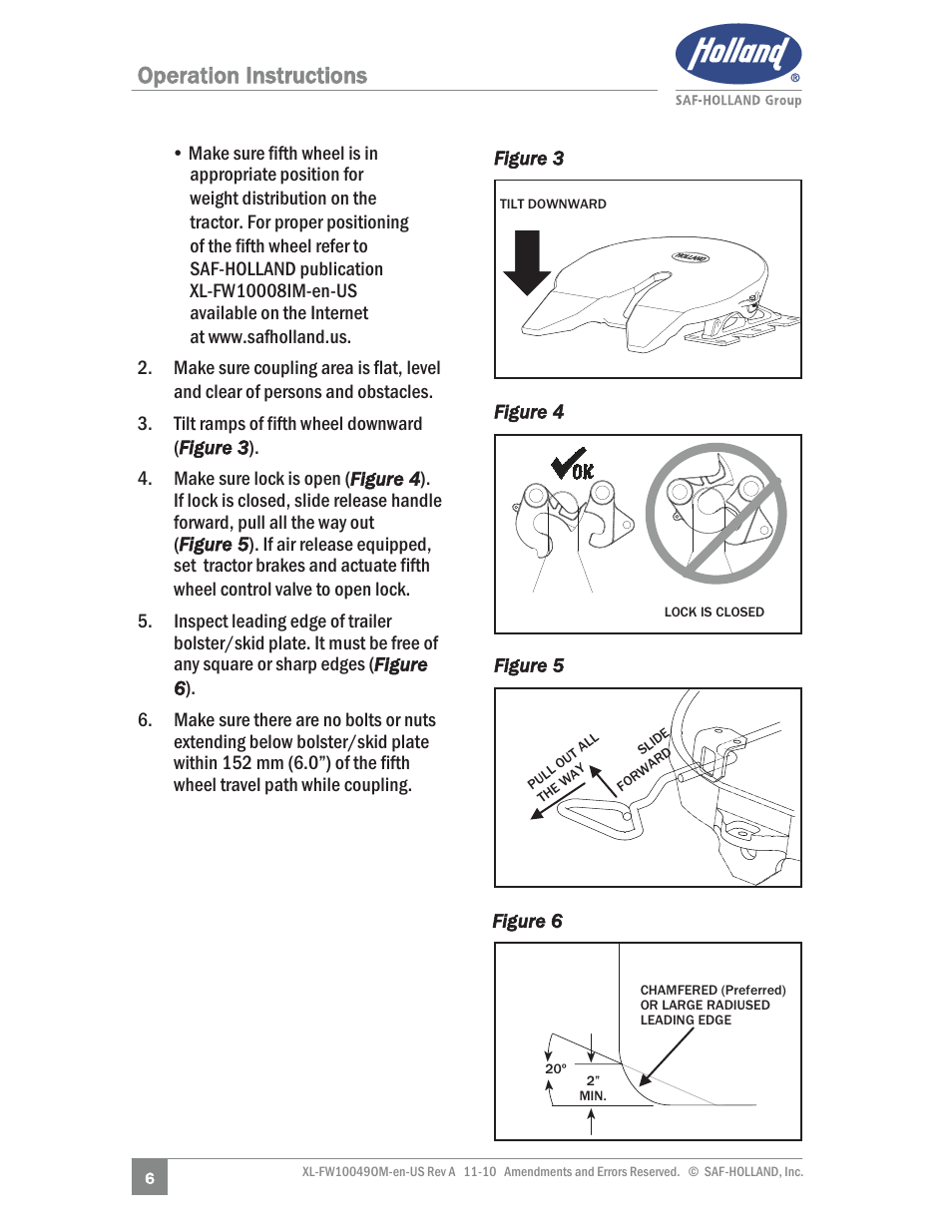 Operation instructions | SAF-HOLLAND XL-FW10049OM AL Aluminum NoLube Series Fifth Wheels User Manual | Page 6 / 24