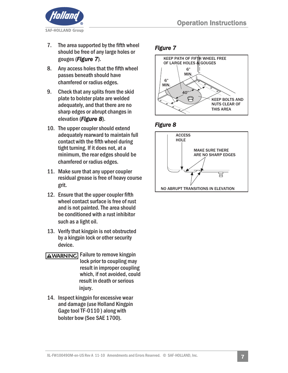 Operation instructions | SAF-HOLLAND XL-FW10049OM AL Aluminum NoLube Series Fifth Wheels User Manual | Page 7 / 24