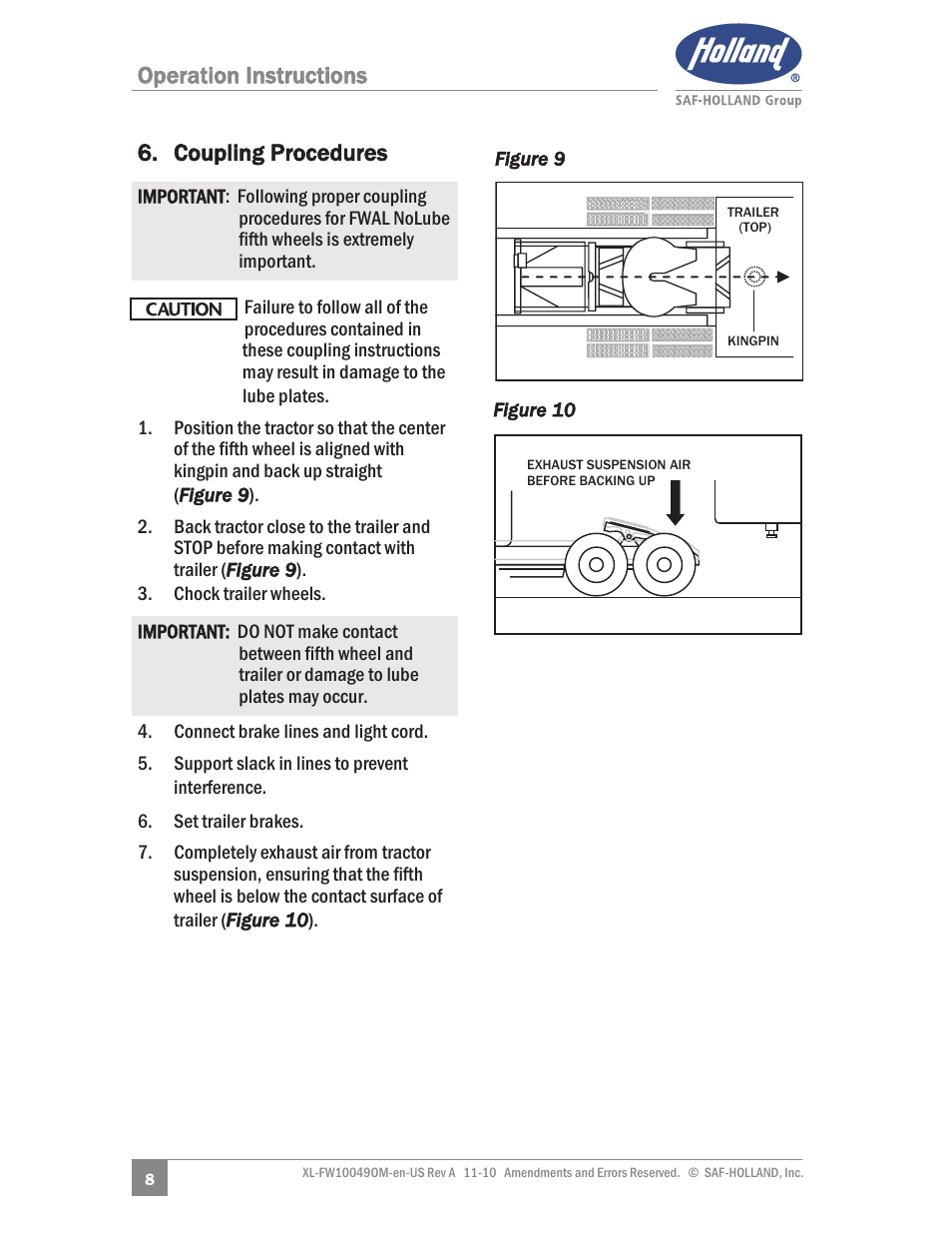 Operation instructions 6. coupling procedures | SAF-HOLLAND XL-FW10049OM AL Aluminum NoLube Series Fifth Wheels User Manual | Page 8 / 24