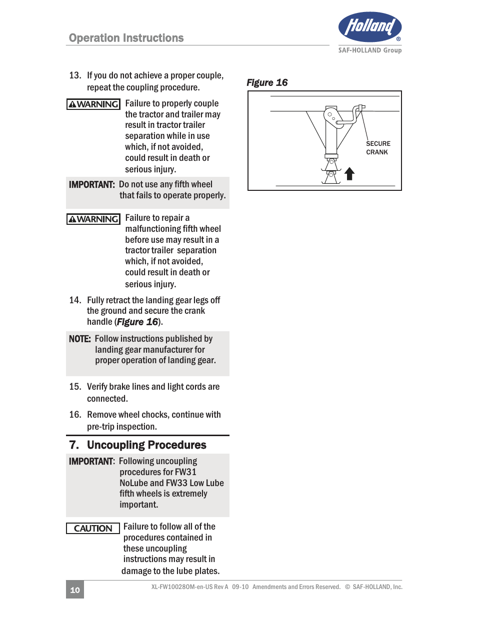 Operation instructions, Uncoupling procedures | SAF-HOLLAND XL-FW10028OM 31 NoLube and 33 Low Lube Series Fifth Wheels User Manual | Page 10 / 28