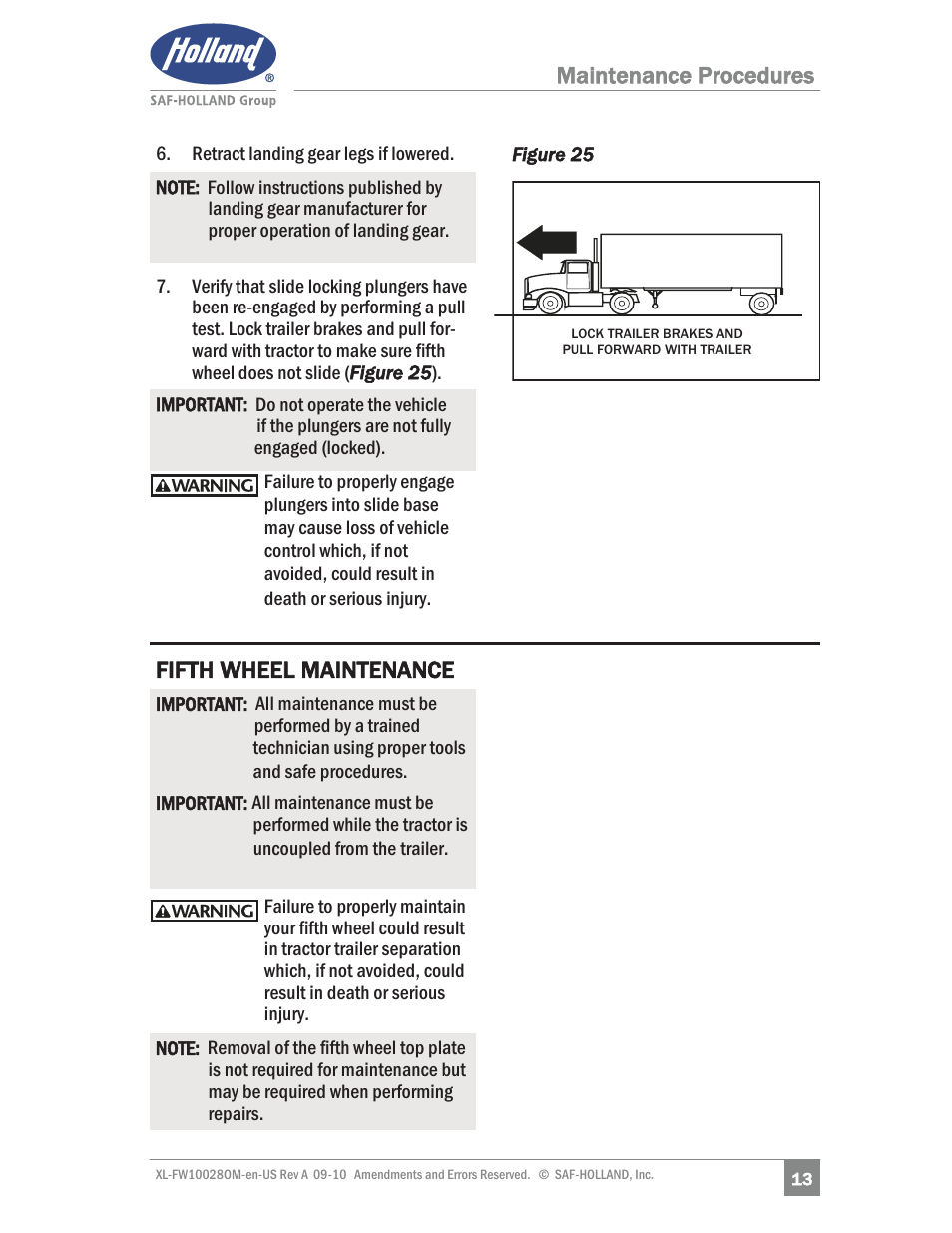 Fifth wheel maintenance, Maintenance procedures | SAF-HOLLAND XL-FW10028OM 31 NoLube and 33 Low Lube Series Fifth Wheels User Manual | Page 13 / 28