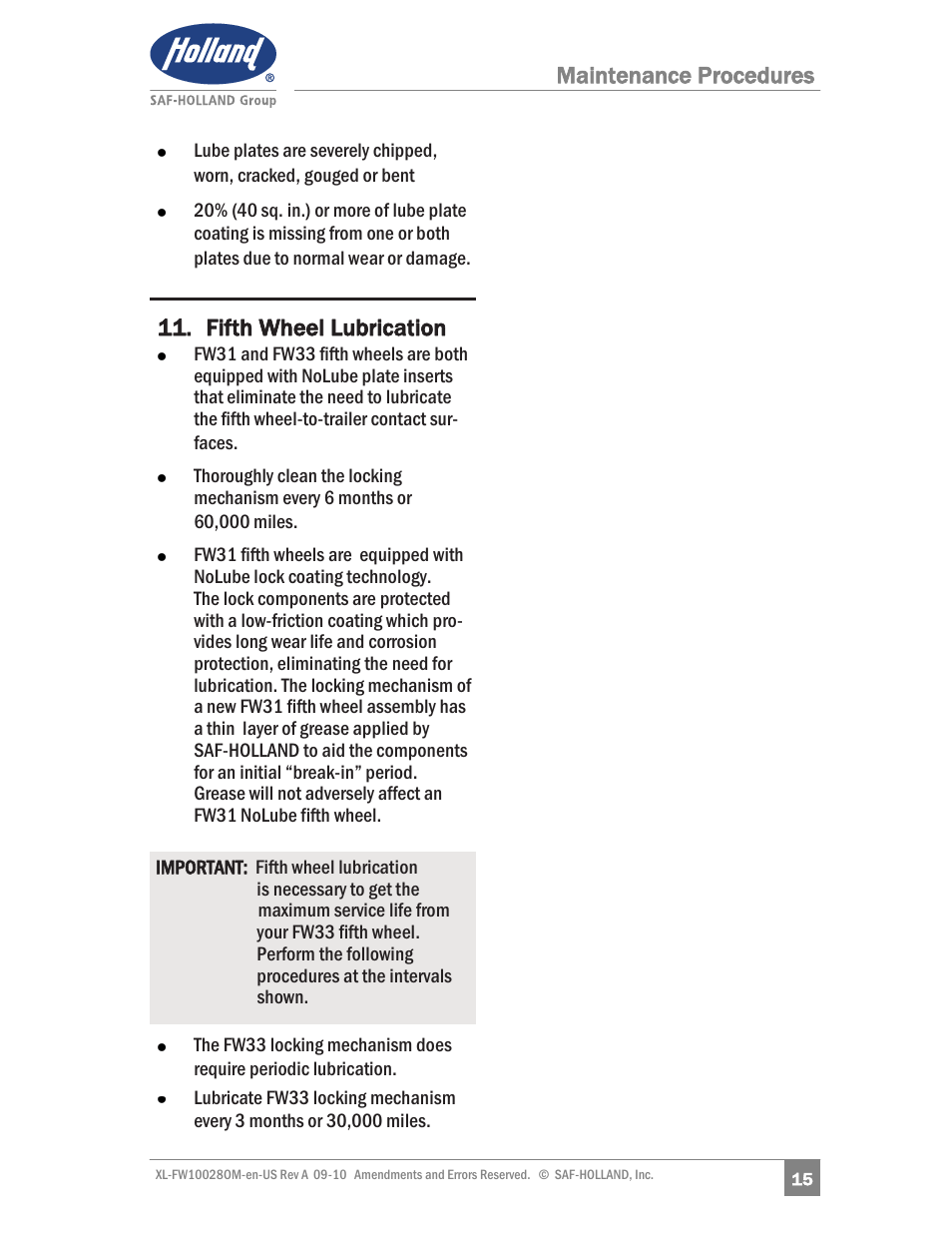 Maintenance procedures, Fifth wheel lubrication | SAF-HOLLAND XL-FW10028OM 31 NoLube and 33 Low Lube Series Fifth Wheels User Manual | Page 15 / 28