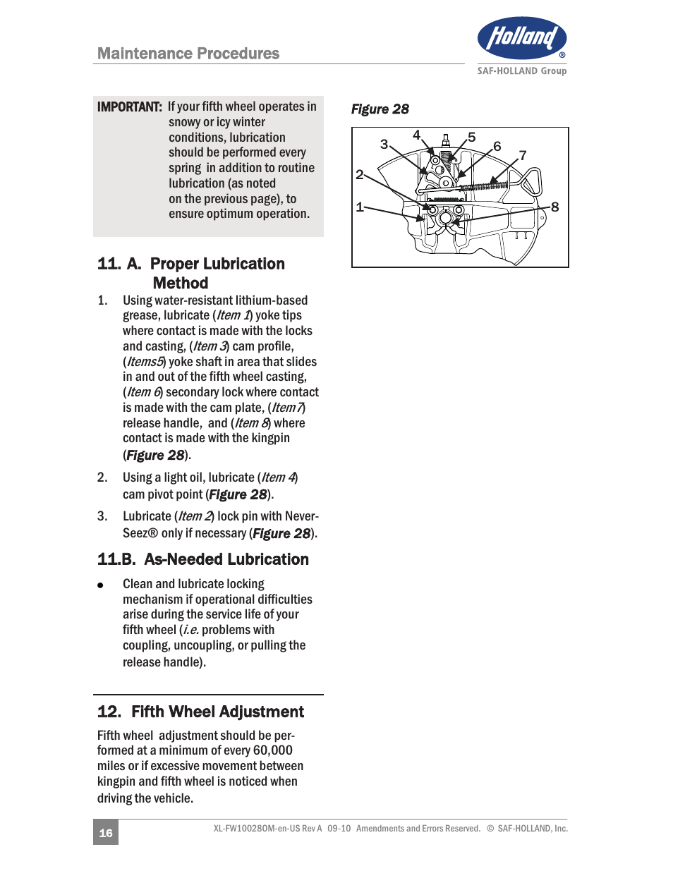 B. as-needed lubrication, Fifth wheel adjustment | SAF-HOLLAND XL-FW10028OM 31 NoLube and 33 Low Lube Series Fifth Wheels User Manual | Page 16 / 28