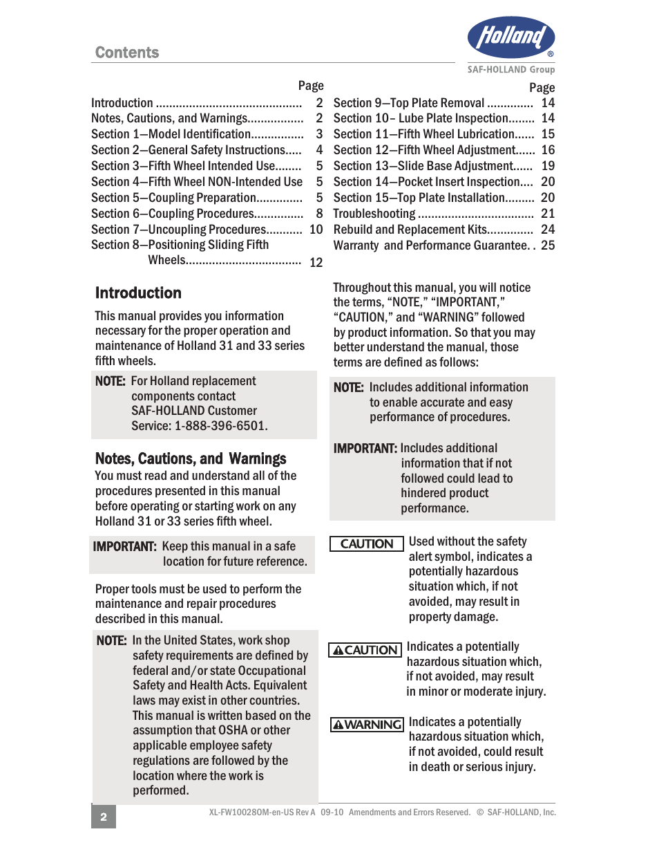 Contents introduction | SAF-HOLLAND XL-FW10028OM 31 NoLube and 33 Low Lube Series Fifth Wheels User Manual | Page 2 / 28