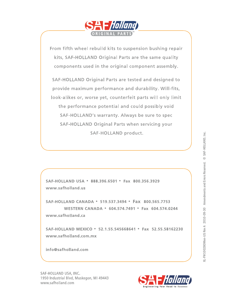 SAF-HOLLAND XL-FW10028OM 31 NoLube and 33 Low Lube Series Fifth Wheels User Manual | Page 28 / 28