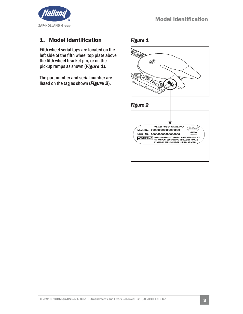 Model identification 1. model identification | SAF-HOLLAND XL-FW10028OM 31 NoLube and 33 Low Lube Series Fifth Wheels User Manual | Page 3 / 28