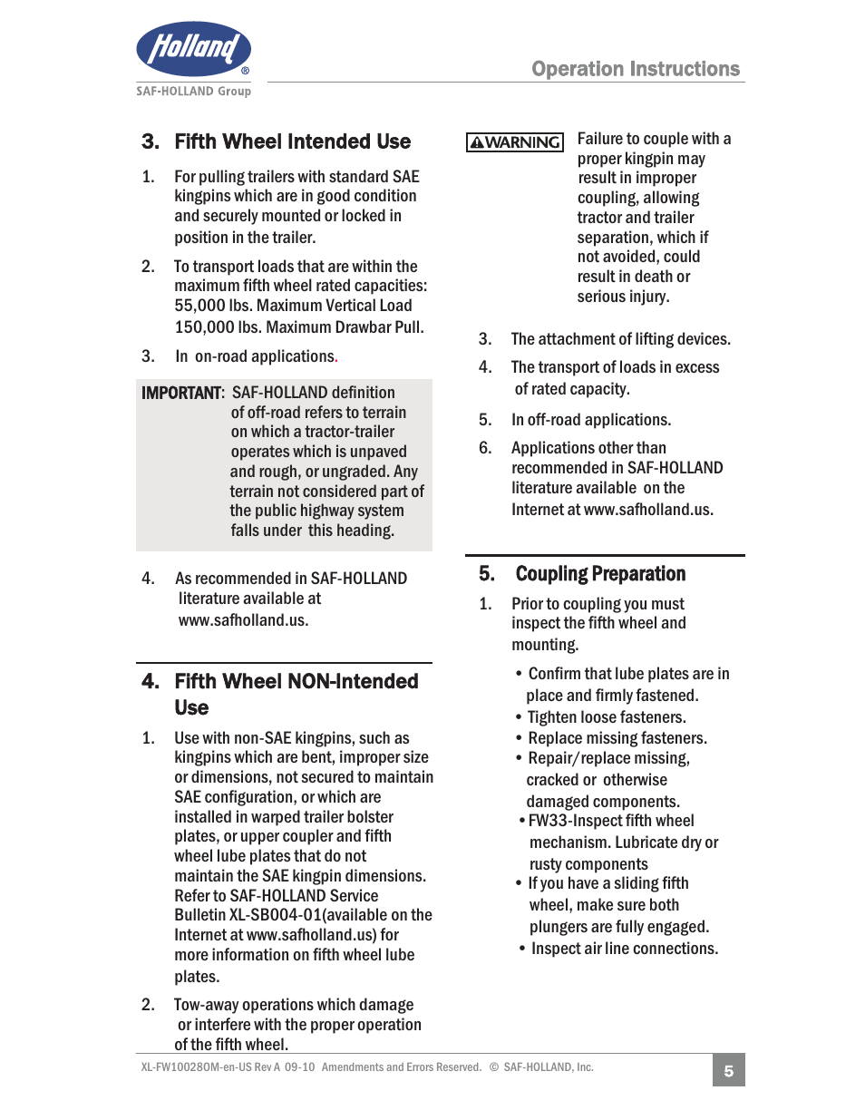 Operation instructions 3. fifth wheel intended use, Fifth wheel non-intended use, Coupling preparation | SAF-HOLLAND XL-FW10028OM 31 NoLube and 33 Low Lube Series Fifth Wheels User Manual | Page 5 / 28