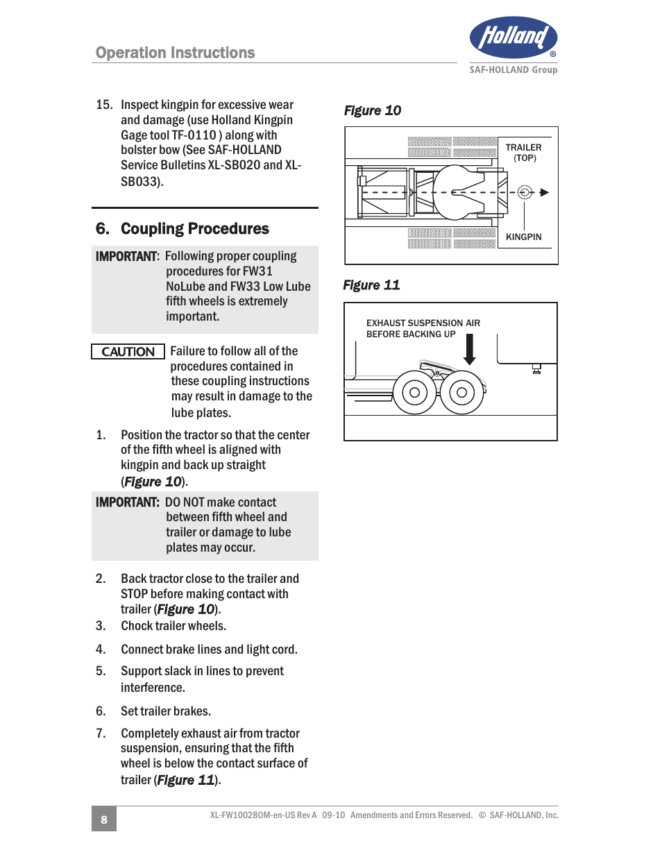 Operation instructions, Coupling procedures | SAF-HOLLAND XL-FW10028OM 31 NoLube and 33 Low Lube Series Fifth Wheels User Manual | Page 8 / 28