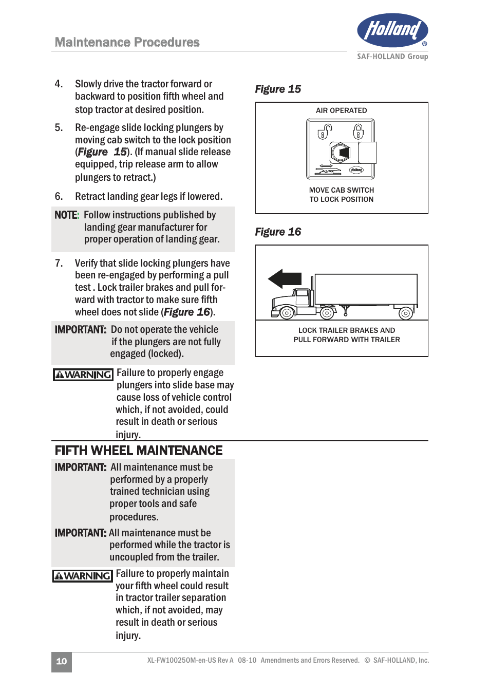 Maintenance procedures, Fifth wheel maintenance | SAF-HOLLAND XL-FW10025OM 17 Series Fifth Wheel User Manual | Page 10 / 20