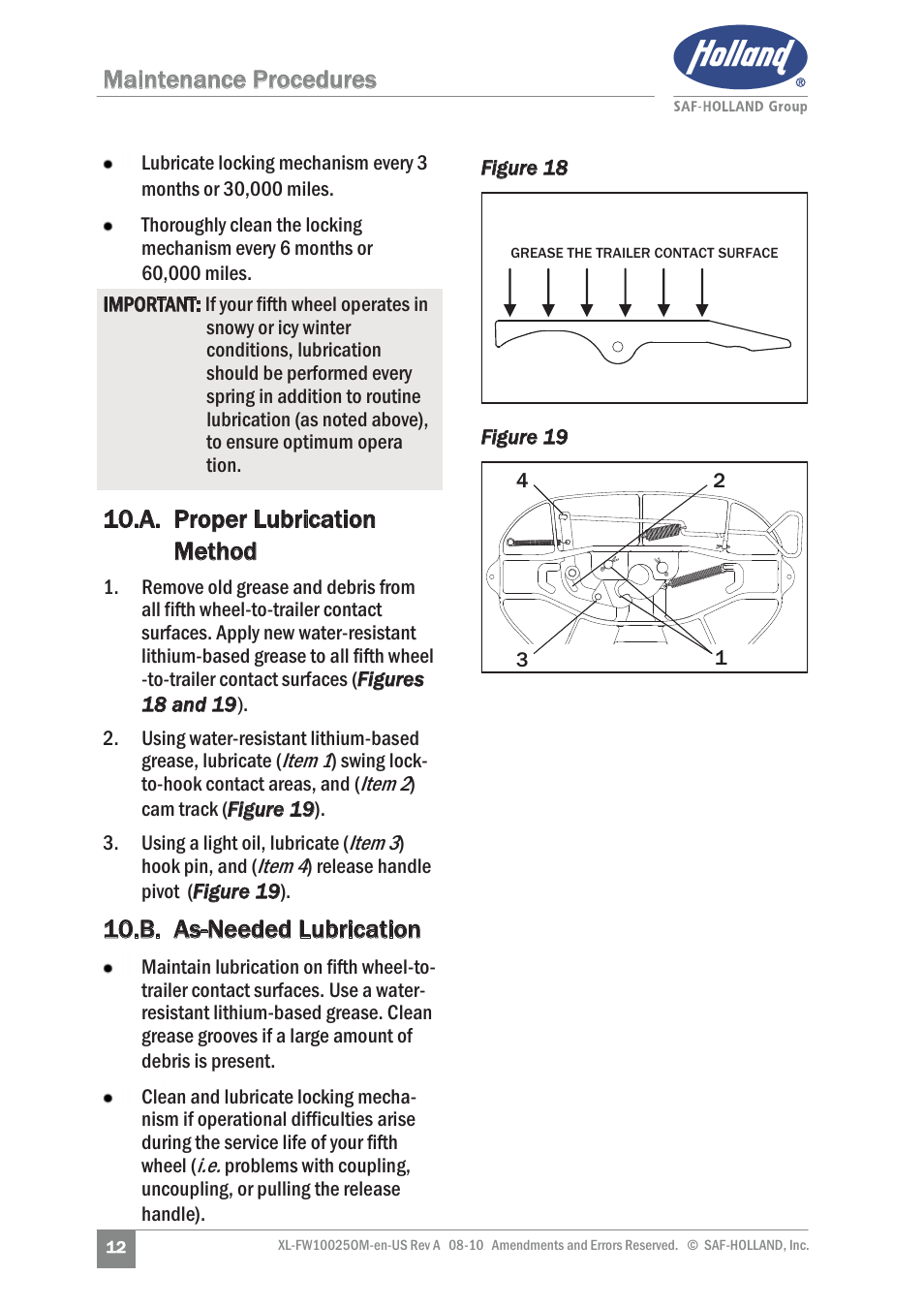 Maintenance procedures, A. proper lubrication method, B. as-needed lubrication | SAF-HOLLAND XL-FW10025OM 17 Series Fifth Wheel User Manual | Page 12 / 20