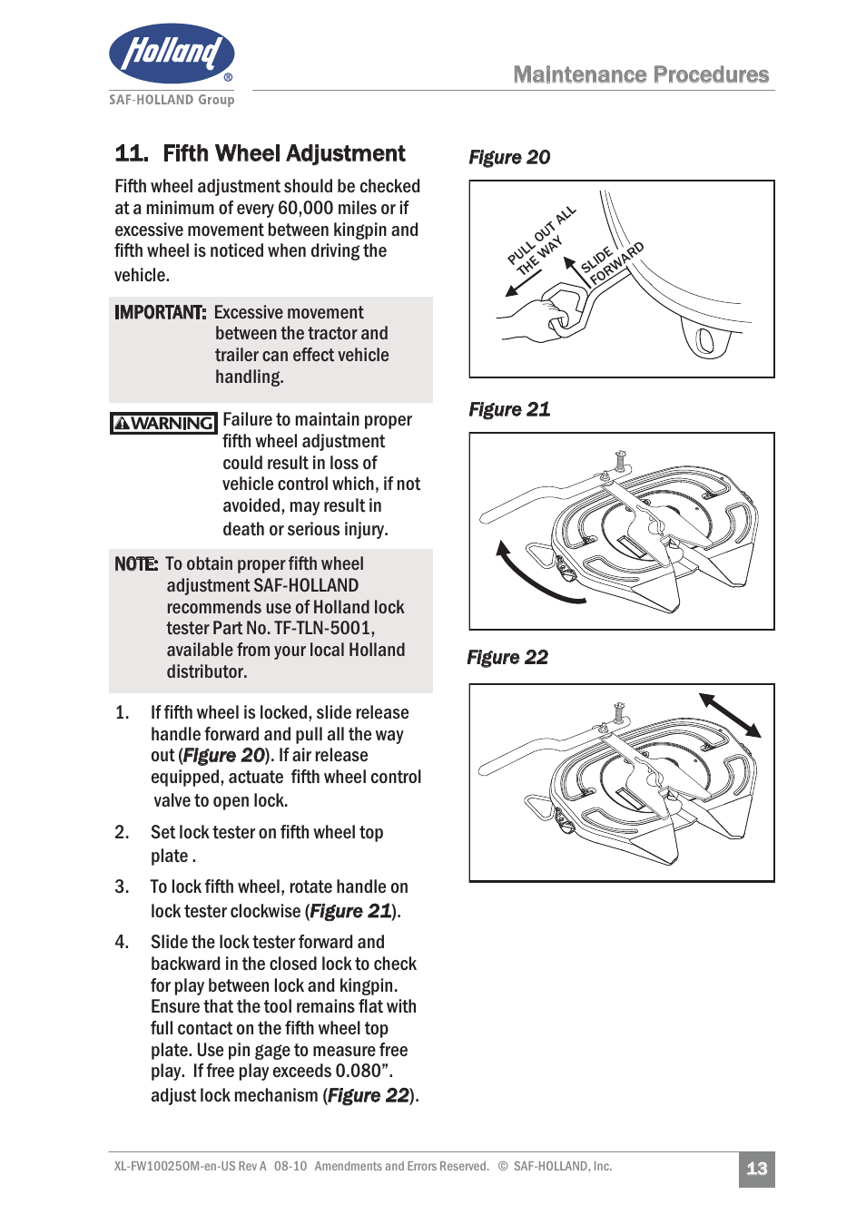 Maintenance procedures 11. fifth wheel adjustment | SAF-HOLLAND XL-FW10025OM 17 Series Fifth Wheel User Manual | Page 13 / 20