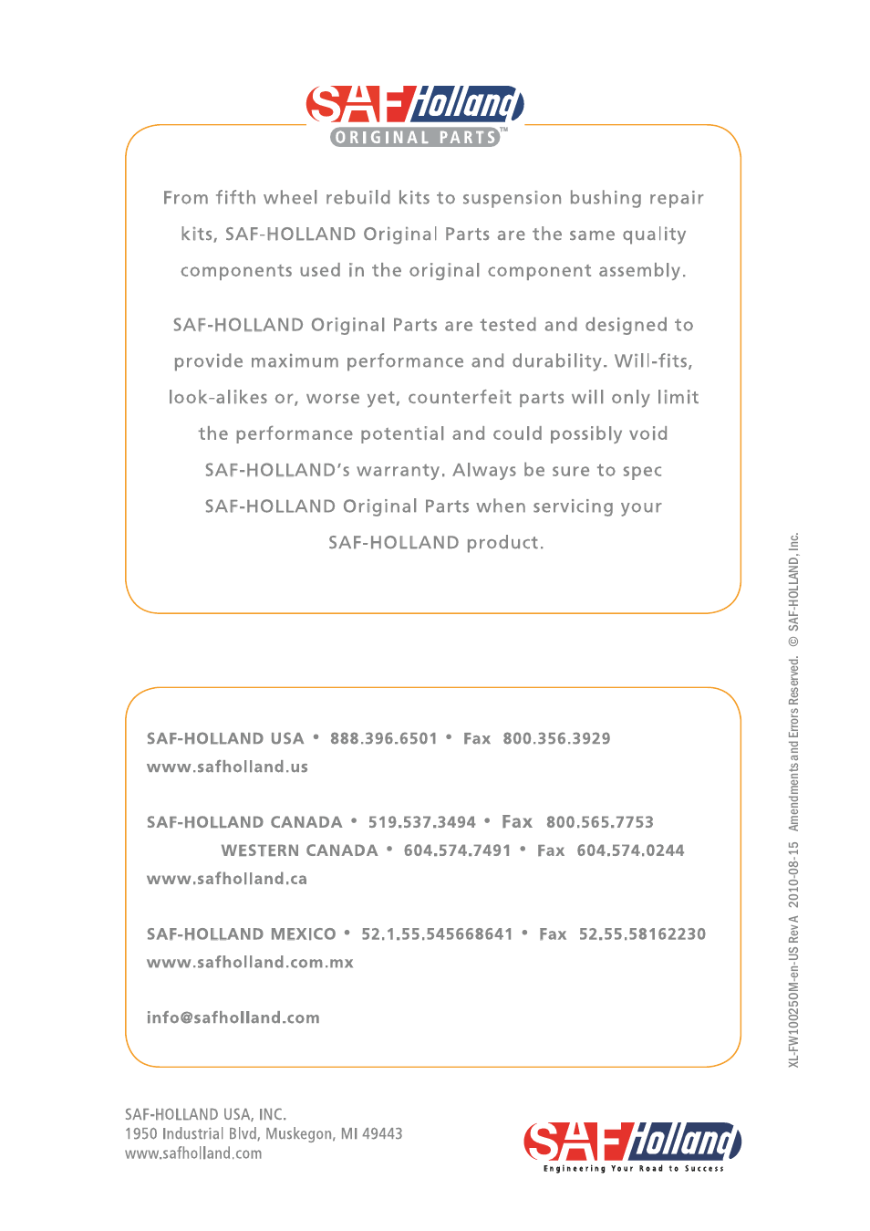 SAF-HOLLAND XL-FW10025OM 17 Series Fifth Wheel User Manual | Page 20 / 20