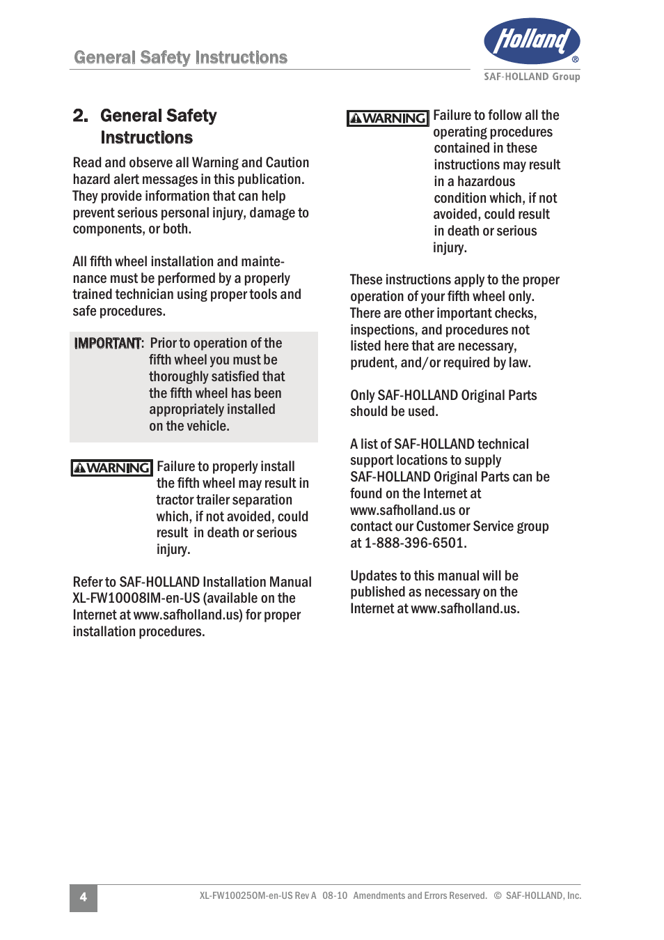 SAF-HOLLAND XL-FW10025OM 17 Series Fifth Wheel User Manual | Page 4 / 20