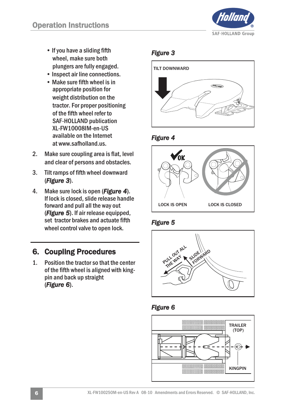 Operation instructions, Coupling procedures | SAF-HOLLAND XL-FW10025OM 17 Series Fifth Wheel User Manual | Page 6 / 20