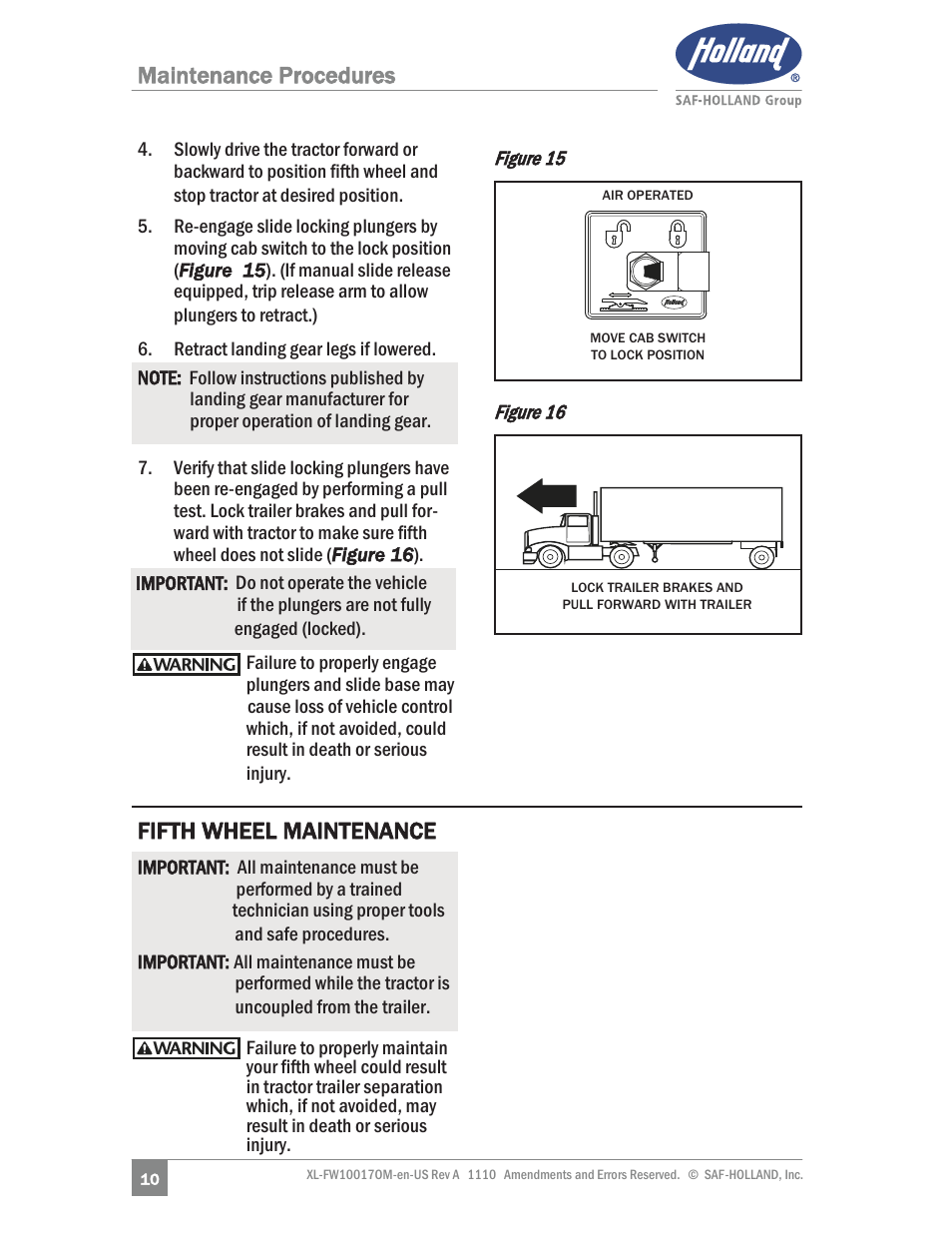 Maintenance procedures, Fifth wheel maintenance | SAF-HOLLAND XL-FW10017OM Simplex SE and II SE Series Fifth Wheels User Manual | Page 10 / 24