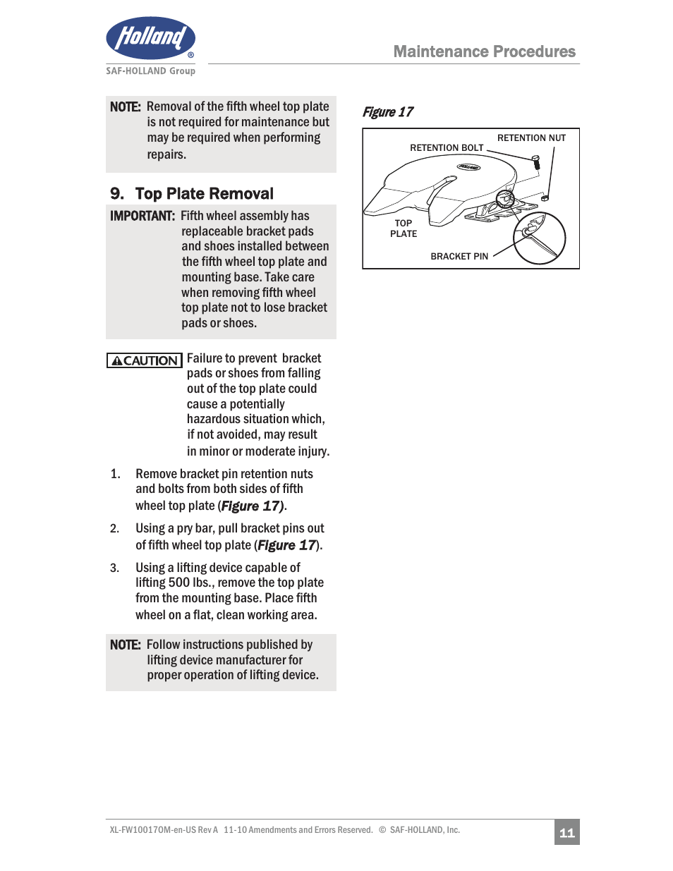 Maintenance procedures 9. top plate removal | SAF-HOLLAND XL-FW10017OM Simplex SE and II SE Series Fifth Wheels User Manual | Page 11 / 24