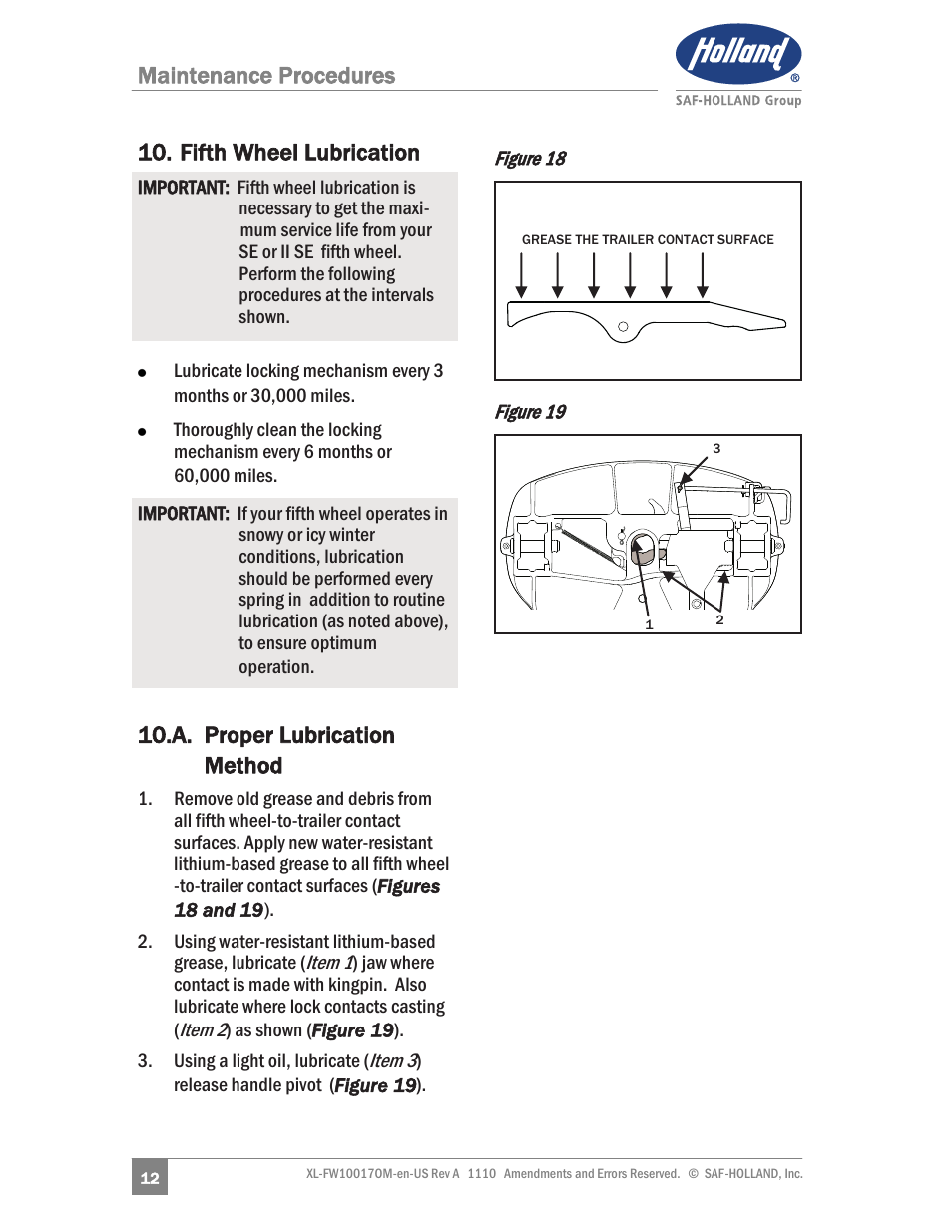 Maintenance procedures 10. fifth wheel lubrication, A. proper lubrication method | SAF-HOLLAND XL-FW10017OM Simplex SE and II SE Series Fifth Wheels User Manual | Page 12 / 24