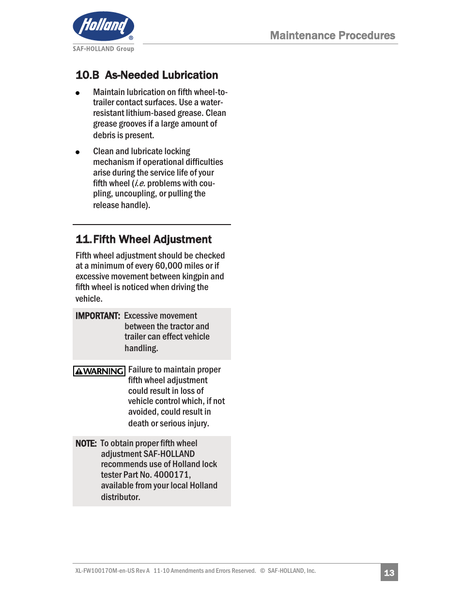 Maintenance procedures 10.b as-needed lubrication, Fifth wheel adjustment | SAF-HOLLAND XL-FW10017OM Simplex SE and II SE Series Fifth Wheels User Manual | Page 13 / 24
