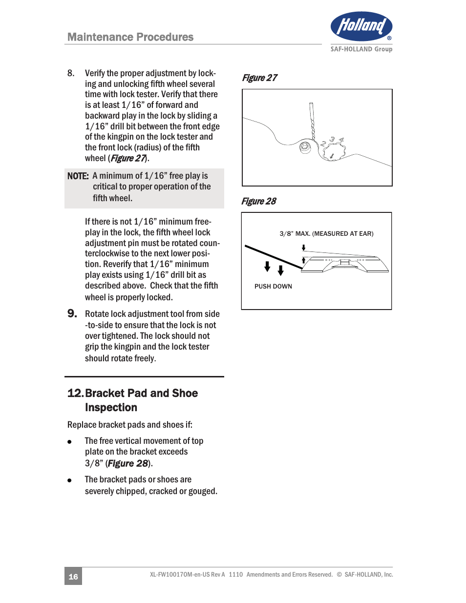 Bracket pad and shoe inspection, Maintenance procedures | SAF-HOLLAND XL-FW10017OM Simplex SE and II SE Series Fifth Wheels User Manual | Page 16 / 24