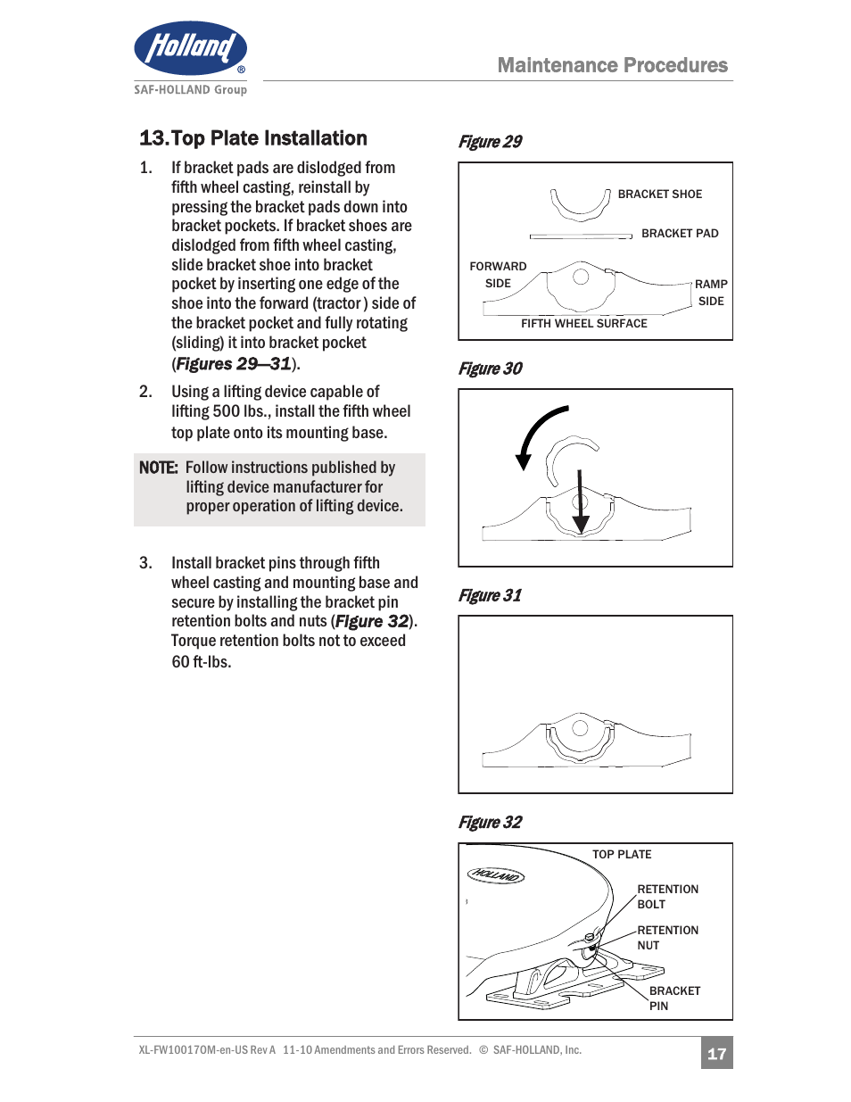 Top plate installation, Maintenance procedures | SAF-HOLLAND XL-FW10017OM Simplex SE and II SE Series Fifth Wheels User Manual | Page 17 / 24