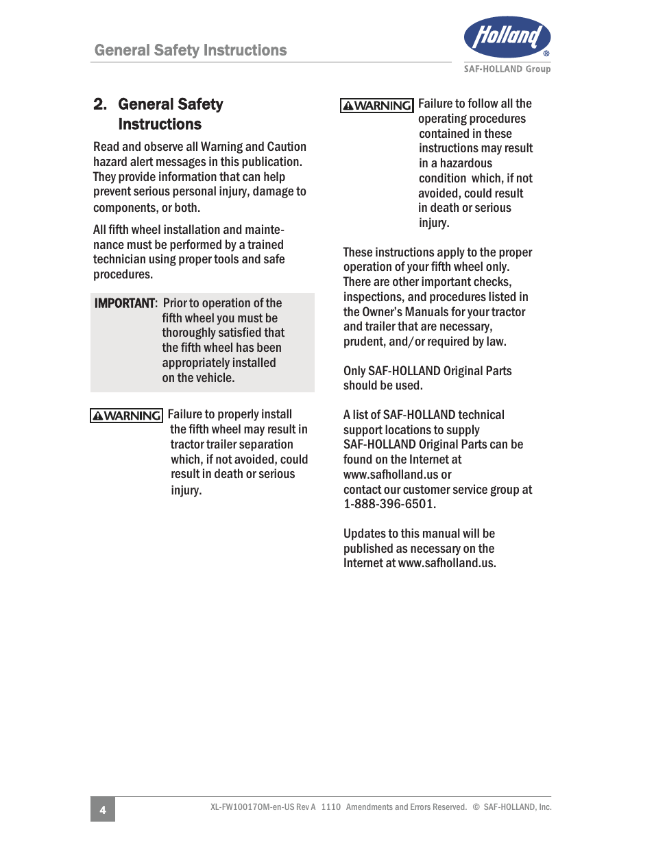 SAF-HOLLAND XL-FW10017OM Simplex SE and II SE Series Fifth Wheels User Manual | Page 4 / 24