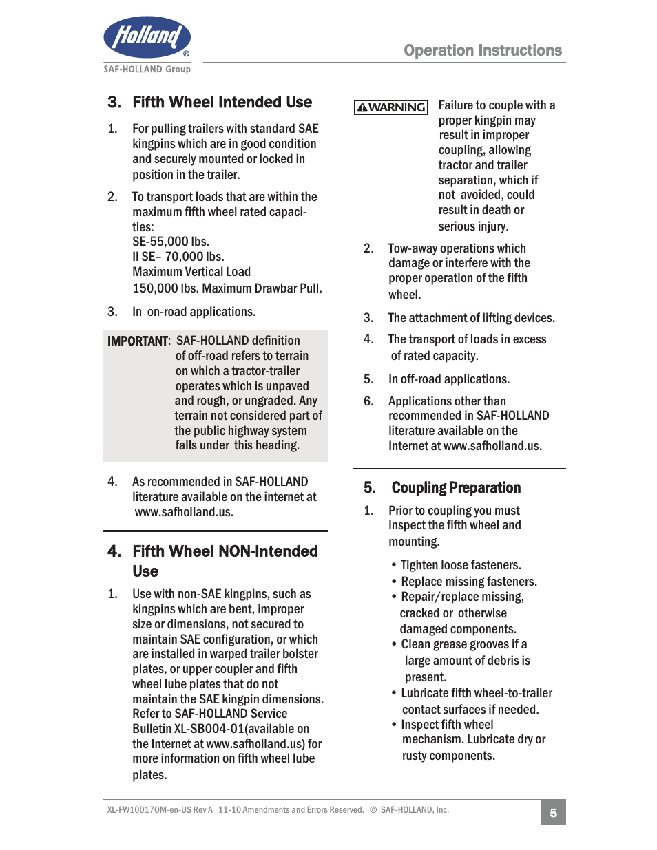 Operation instructions 3. fifth wheel intended use, Fifth wheel non-intended use, Coupling preparation | SAF-HOLLAND XL-FW10017OM Simplex SE and II SE Series Fifth Wheels User Manual | Page 5 / 24