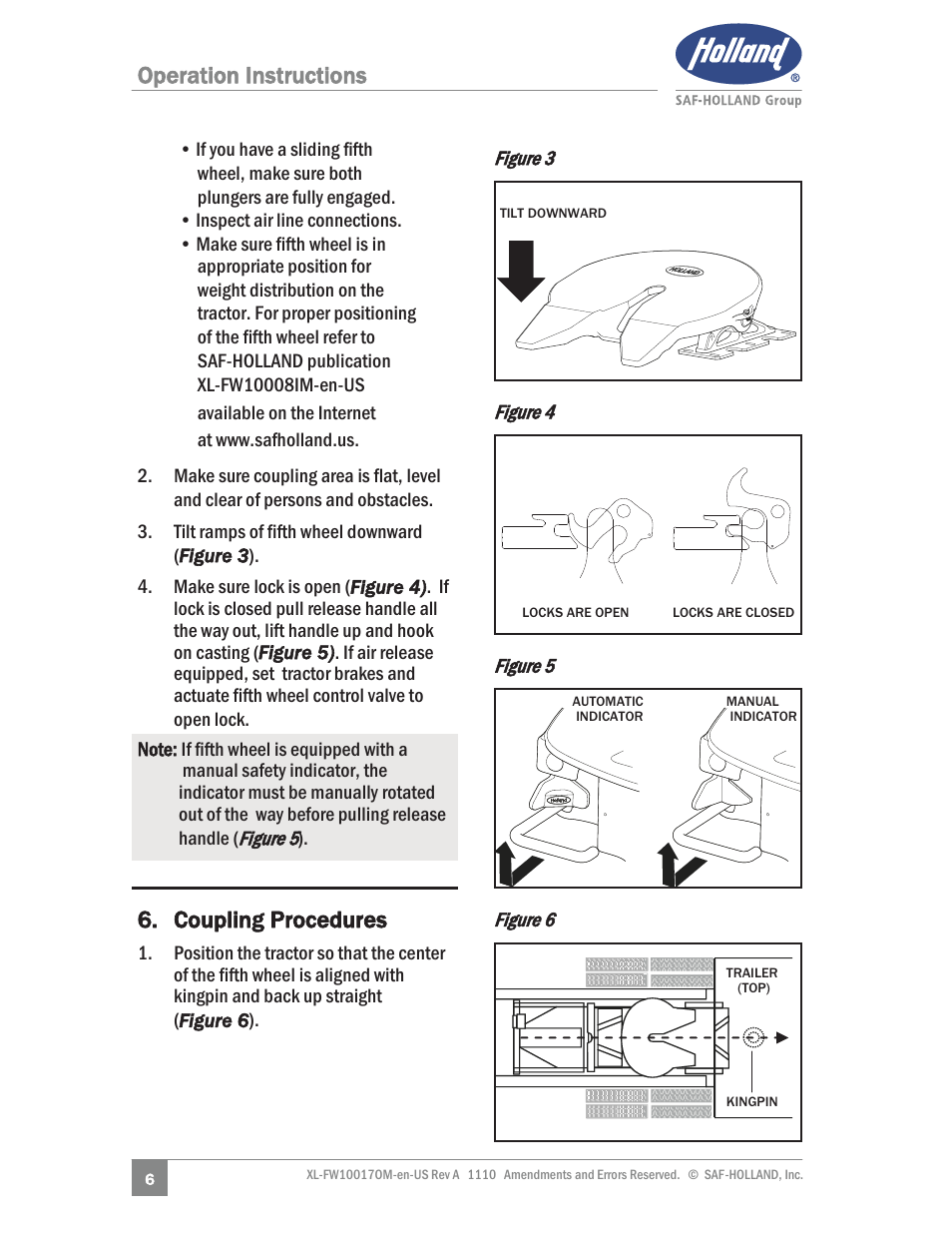 Operation instructions, Coupling procedures | SAF-HOLLAND XL-FW10017OM Simplex SE and II SE Series Fifth Wheels User Manual | Page 6 / 24