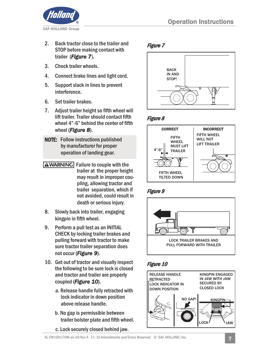 Operation instructions | SAF-HOLLAND XL-FW10017OM Simplex SE and II SE Series Fifth Wheels User Manual | Page 7 / 24