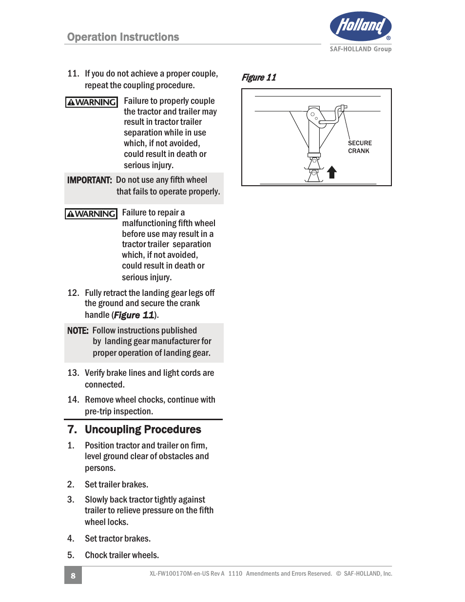 Operation instructions, Uncoupling procedures | SAF-HOLLAND XL-FW10017OM Simplex SE and II SE Series Fifth Wheels User Manual | Page 8 / 24