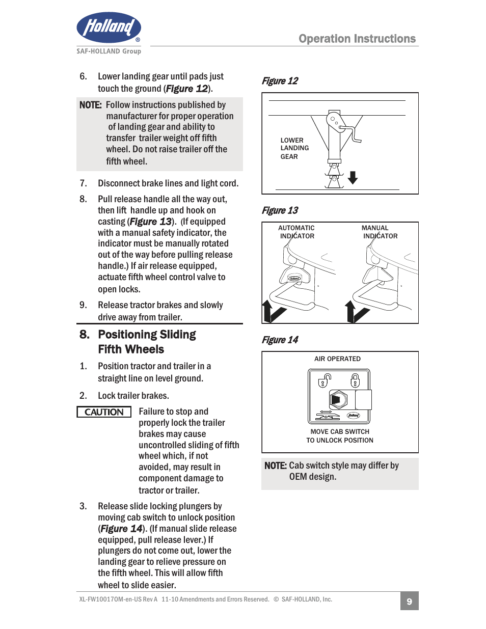 Operation instructions, Positioning sliding fifth wheels | SAF-HOLLAND XL-FW10017OM Simplex SE and II SE Series Fifth Wheels User Manual | Page 9 / 24