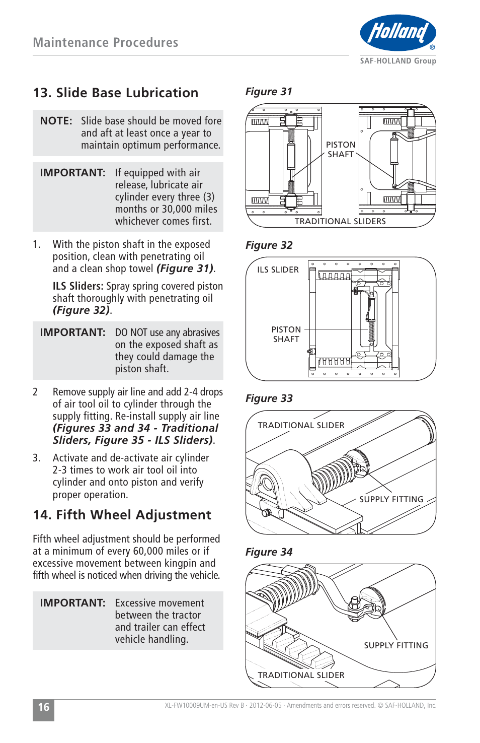 Maintenance procedures, Slide base lubrication, Fifth wheel adjustment | SAF-HOLLAND XL-FW10009UM FW35 Series Fifth Wheel User Manual | Page 16 / 76