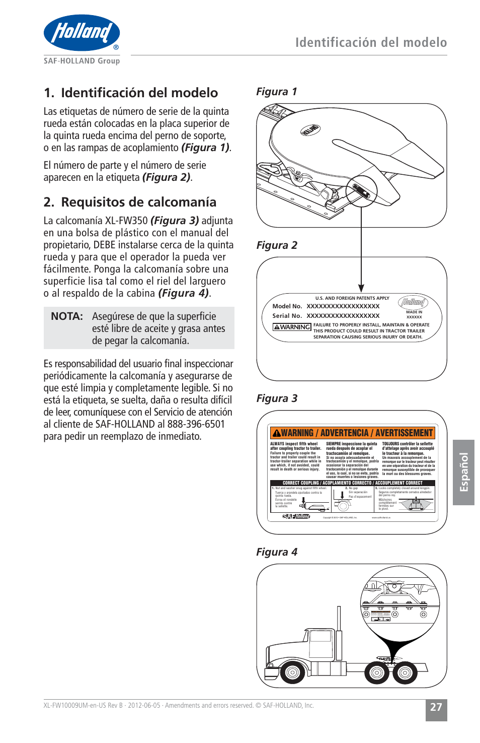 Identiﬁcación del modelo, Requisitos de calcomanía, Identificación del modelo | Figura 1, Warning / advertencia / avertissement | SAF-HOLLAND XL-FW10009UM FW35 Series Fifth Wheel User Manual | Page 27 / 76