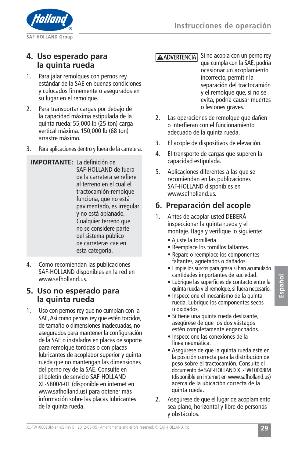 Uso no esperado para la quinta rueda, Preparación del acople | SAF-HOLLAND XL-FW10009UM FW35 Series Fifth Wheel User Manual | Page 29 / 76