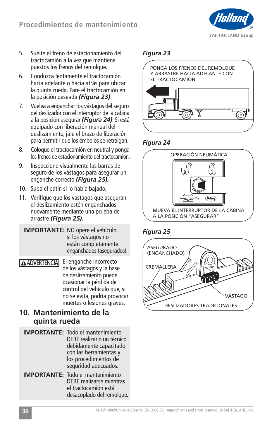 Procedimientos de mantenimiento, Mantenimiento de la quinta rueda | SAF-HOLLAND XL-FW10009UM FW35 Series Fifth Wheel User Manual | Page 36 / 76