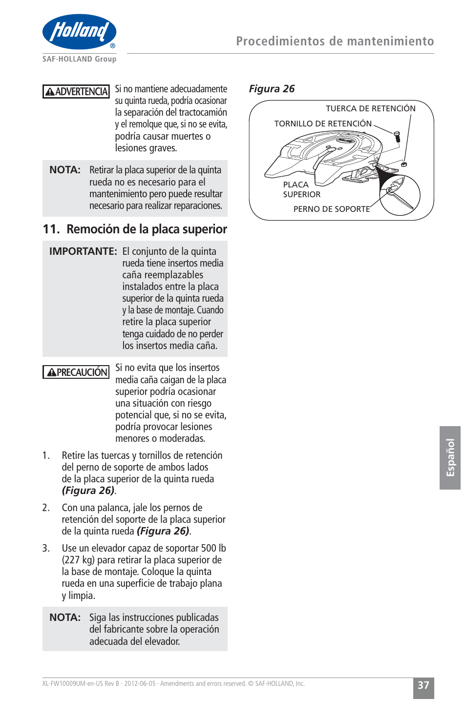 Procedimientos de mantenimiento, Remoción de la placa superior | SAF-HOLLAND XL-FW10009UM FW35 Series Fifth Wheel User Manual | Page 37 / 76